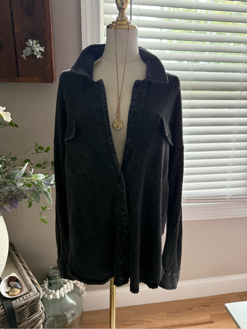 Women's Black Corduroy Utility Jacket - Button Front
